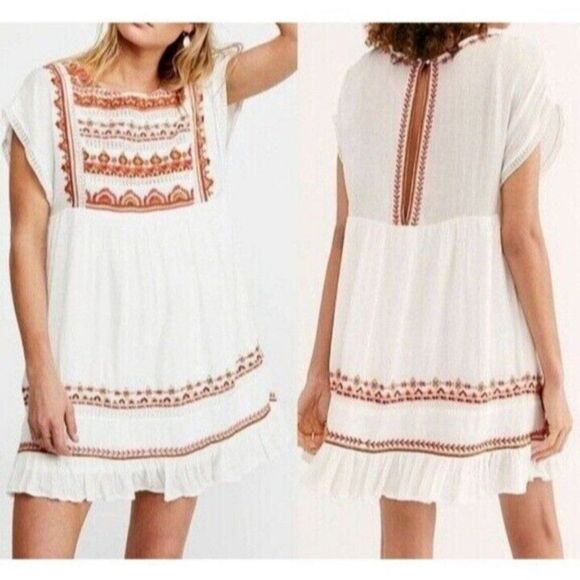 Free People Dresses & Skirts - Free People Sunrise Wanderer Ivory Orange Embroidered Mini Dress - Size Small
